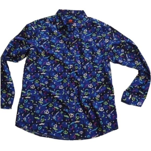 NWOT Simon Banks Halloween buttondown longsleeve shirt blue skull moon print L - Picture 1 of 9